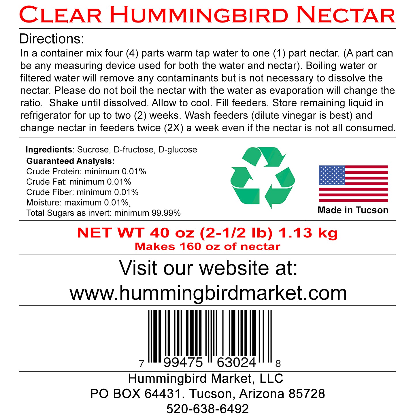 Hummingbird Nectar 35 pounds – Hummingbird Market of Tucson, Arizona